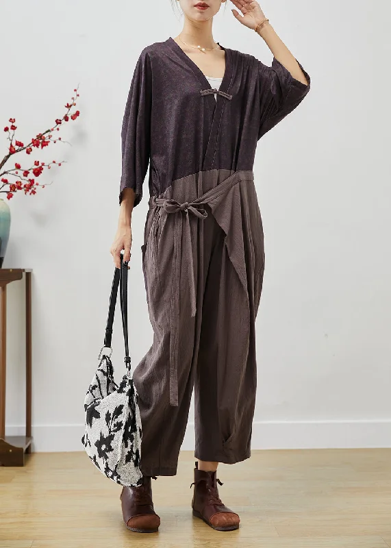 Vintage Colorblock Chinese Button Patchwork Lace Up Linen Jumpsuits Fall Seasonal Fashion