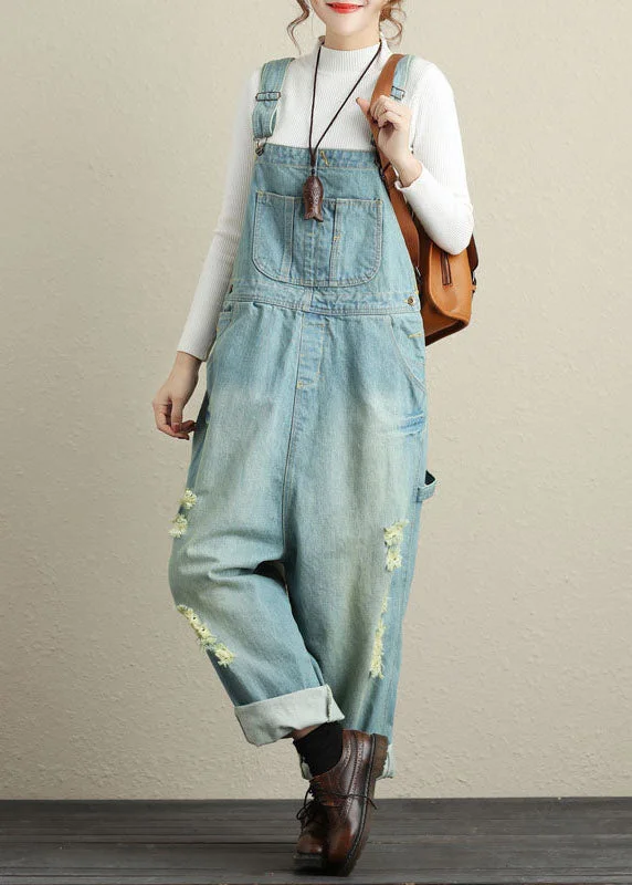 Light Blue Patchwork Ripped Jeans Jumpsuits Spring Luxury Style