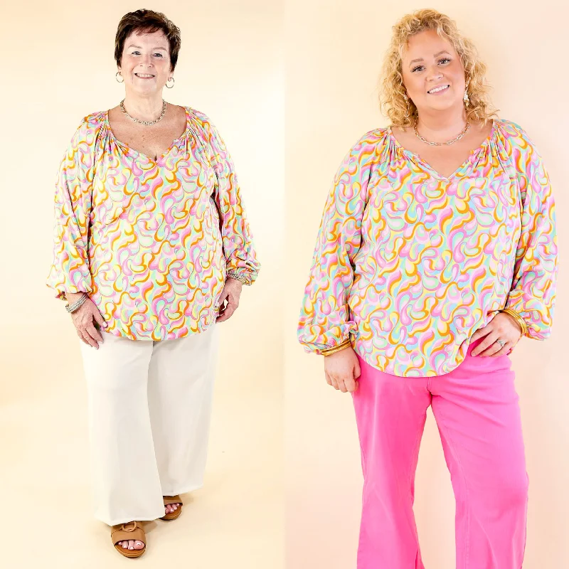 Follow Your Happiness Notched V Neck Psychedelic Top with Long Sleeves in Pink Mix Casual Fashion