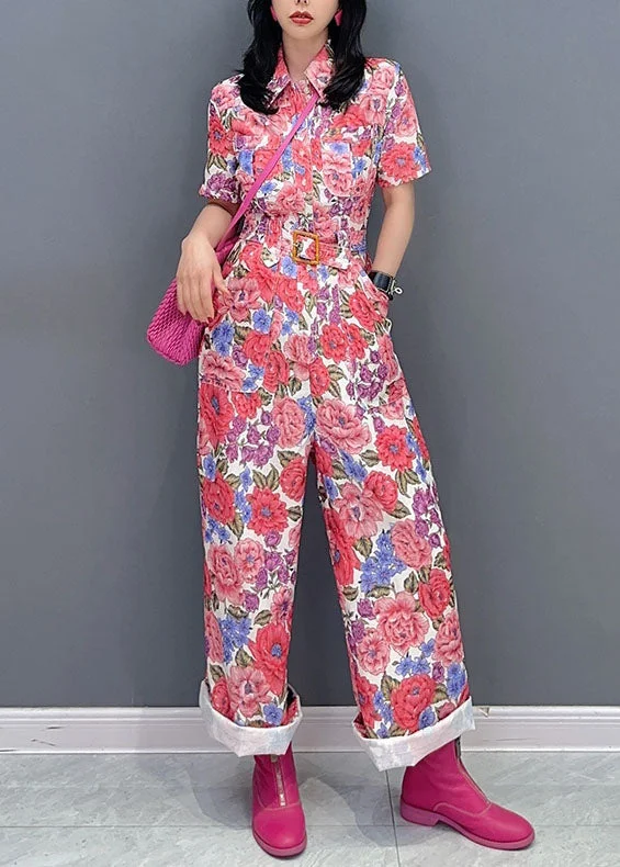 Fitted Red Peter Pan Collar Print Sashes Patchwork Cotton Jumpsuit Summer Embrace New Fashion