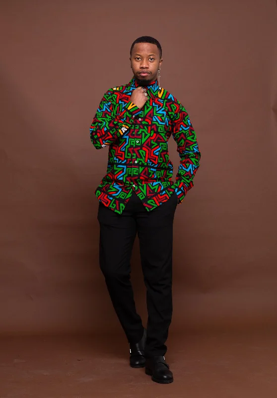 Francis Ankara Men Long sleeve Shirt | Green and Blue Multicolored African Print Shirt Women's Fashion Hotspots