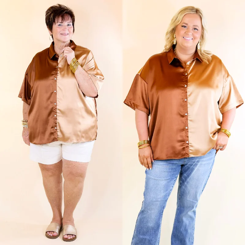 Meant To Be Happy Button Up Color Block Satin Top in Brown Mix Chic And Trendy