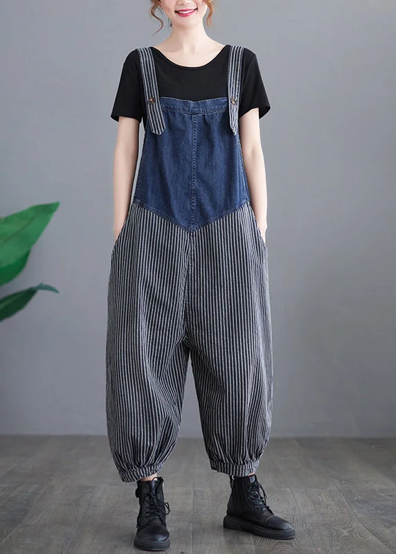 French Navy Striped pocket Patchwork Denim Overalls Jumpsuit Spring Premium Fashion