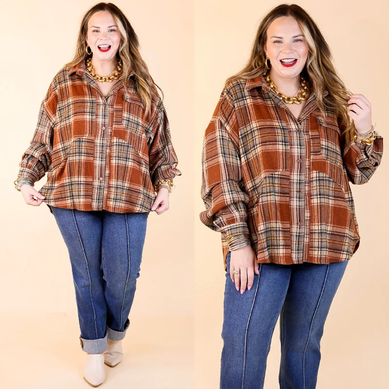 Coffee At Sunrise Button Up Plaid Shacket with Long Sleeves in Rust Brown Sustainable Fashion Extravaganza