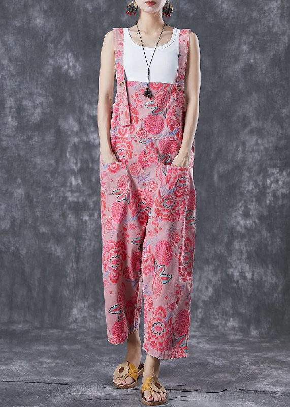 Pink Print Denim Jumpsuit Oversized Pockets Summer Women's Fashion Hotspots