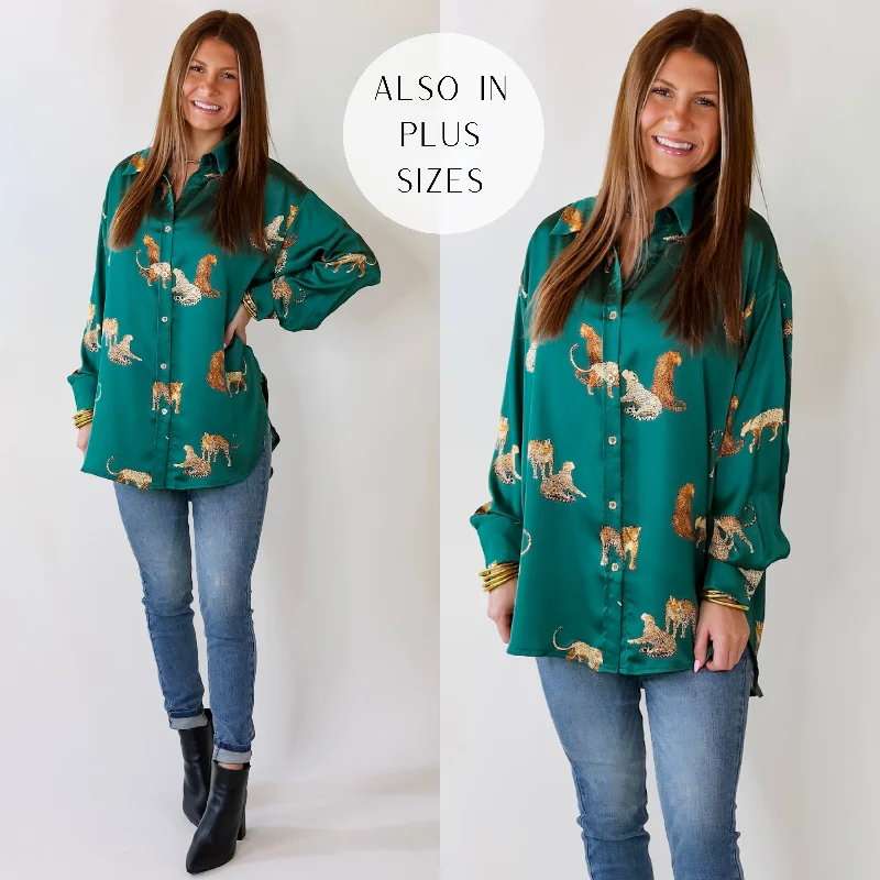 Tell Me Something Good Cheetah Print Long Sleeve Button Up Top in Hunter Green Summer Fashion