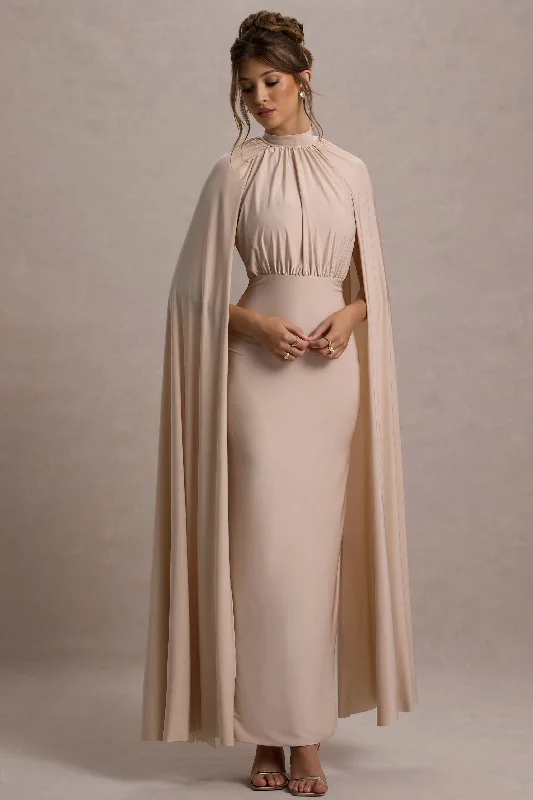 Darielle | Champagne High-Neck Cape-Sleeve Maxi Dress Unleash Your Fashion