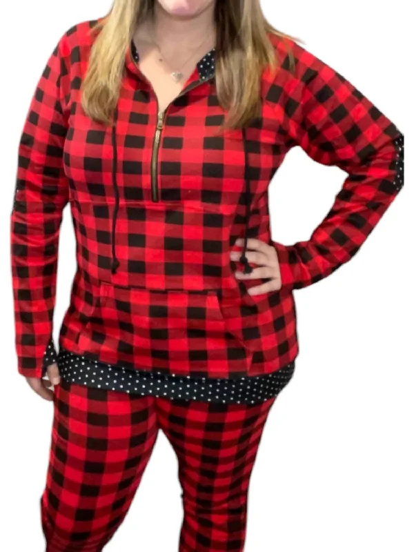 Buffalo Plaid Dot Half Zip Top In Red/black Disco - Inspired Retro Dance Look