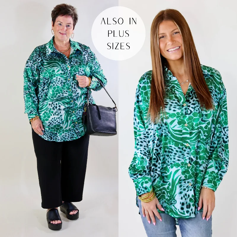 Tell Me Something Good Mixed Animal Print Long Sleeve Button Up Top in Green Dreamy Draping