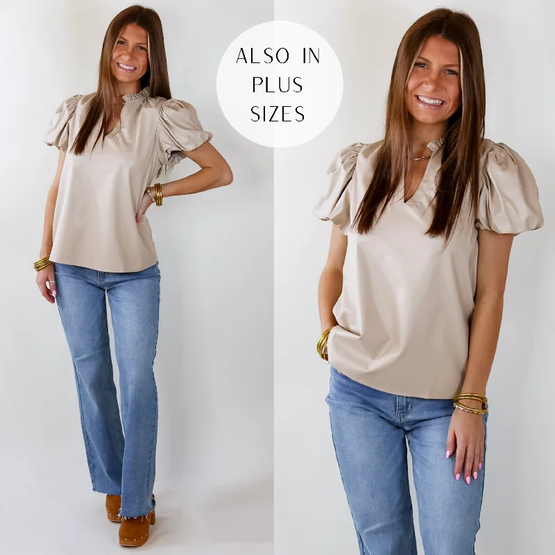 Replay The Night Faux Leather Top with Short Balloon Sleeves in Beige Flowy Fabric