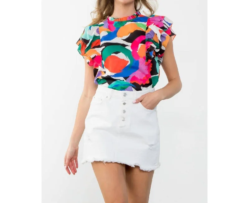 Flutter Sleeve Printed Top In White Multi Score Big On Glamorous Red - Carpet Styles