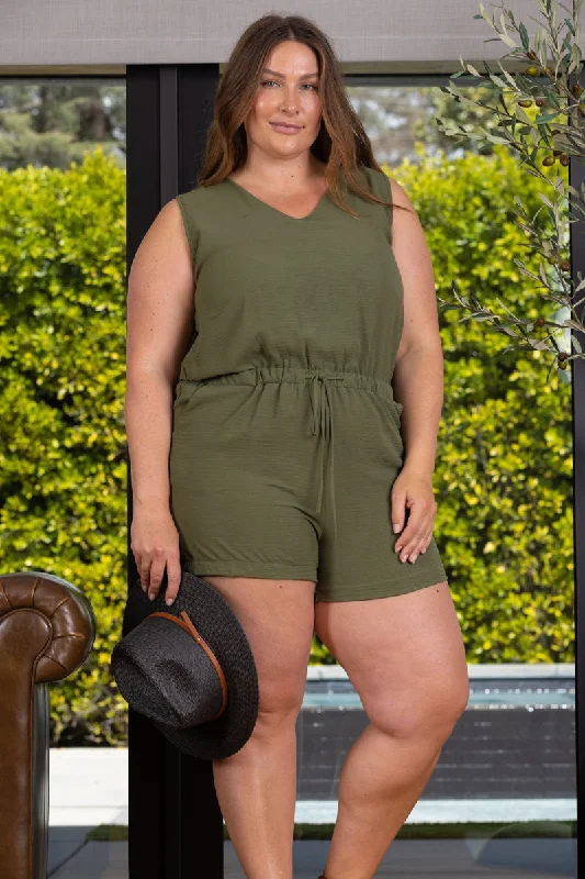 SOLID COLOR V-NECK SLEEVELESS DRAWSTRING WAIST  PLUS SIZE ROMPER Budget-Friendly Fashion