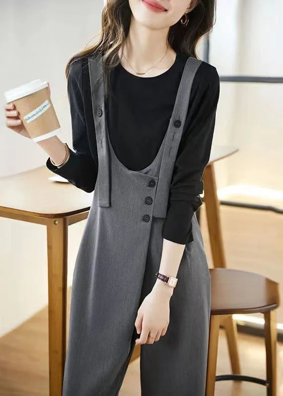 Chic Grey Pockets High Waist Patchwork Cotton Jumpsuits Fall Seasonal Sale