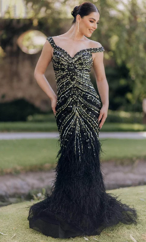 Terani Couture 232GL1460 - Beaded Feather Mermaid Evening Gown Artful Design