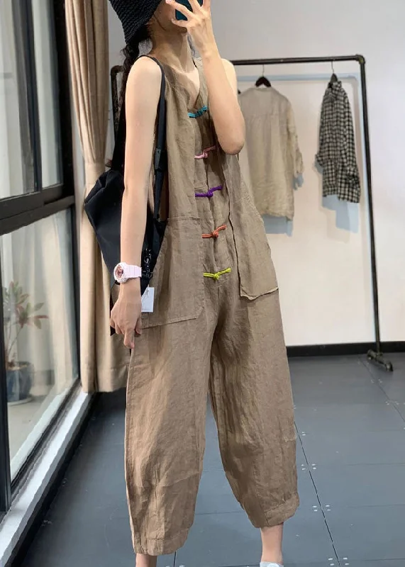 Khaki Pockets Patchwork Linen Jumpsuits Chinese Button Sleeveless Trendy Clothing Sale