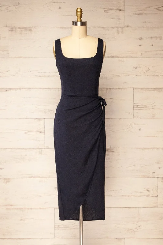 Polarion | Navy Wrap Dress Flowy Fabric