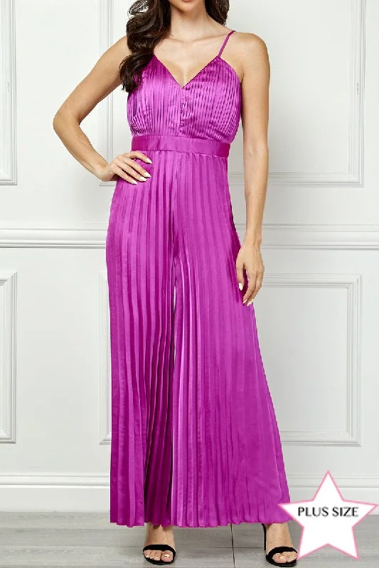 PLUM SATIN SPAGHETTI STRAP PLEATED WIDE LEG PLUS SIZE JUMPSUIT AVJ51891WX Browse Our Top Products