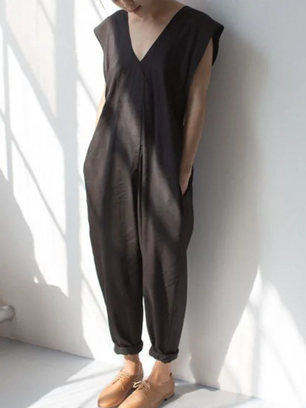 V-Neck Solid Color Casual Jumpsuit The Good Stuff