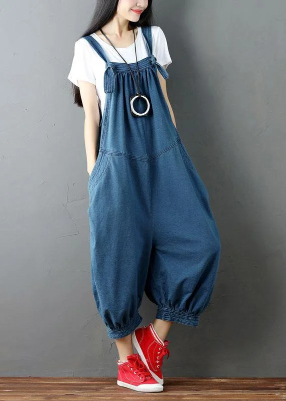 Women Blue Pockets Button Fall Casual Cotton Romper Versatile Style Wardrobe