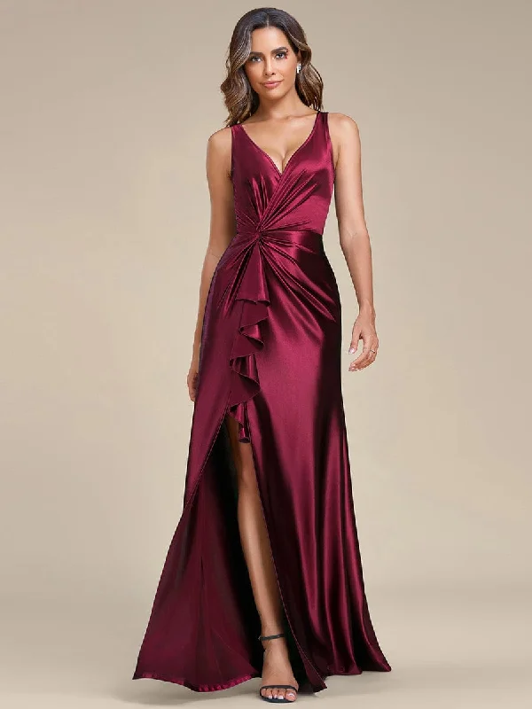 Deep V-Neck Stylish Waist Pleated High Slit Satin Evening Dress Explore What's New