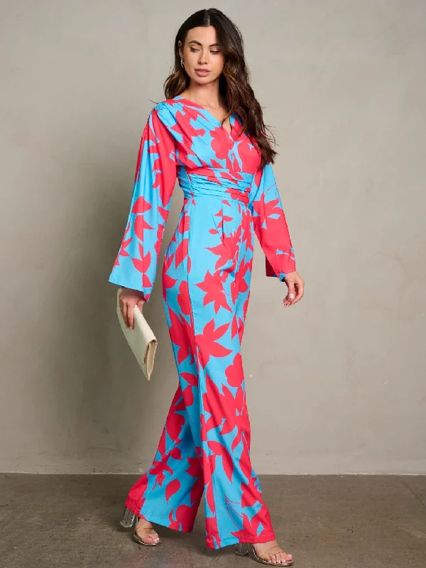 WOMEN'S LONG PUFF SLEEVE SURPLICE PRINTED WIDE LEG JUMPSUIT Trend Setting Wardrobe