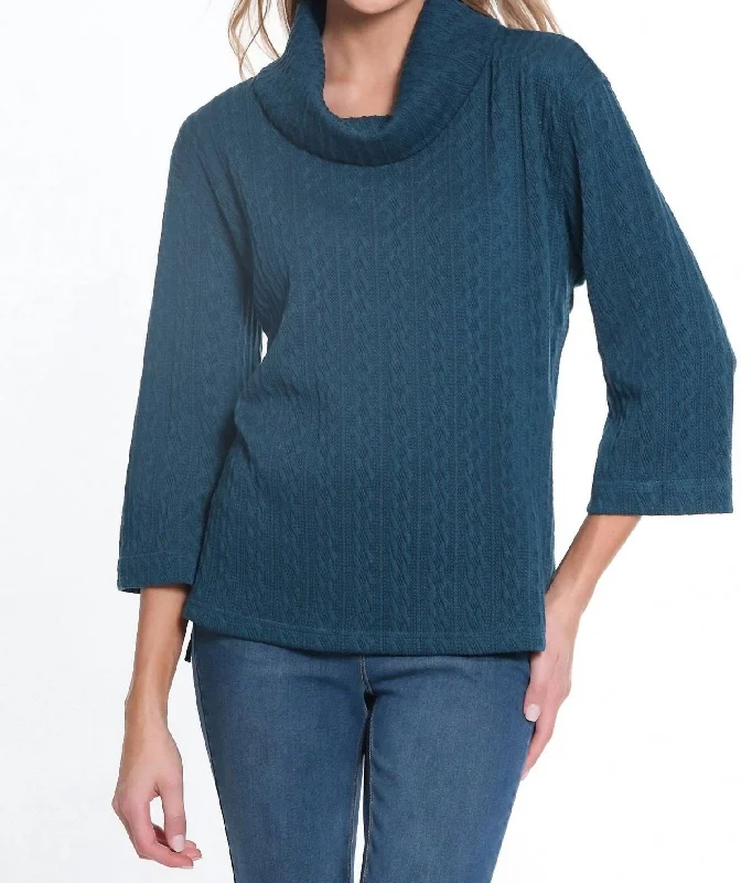 Hi-Lo Cowl Collar Cable Knit Top In Rich Teal All Season Basics Discount