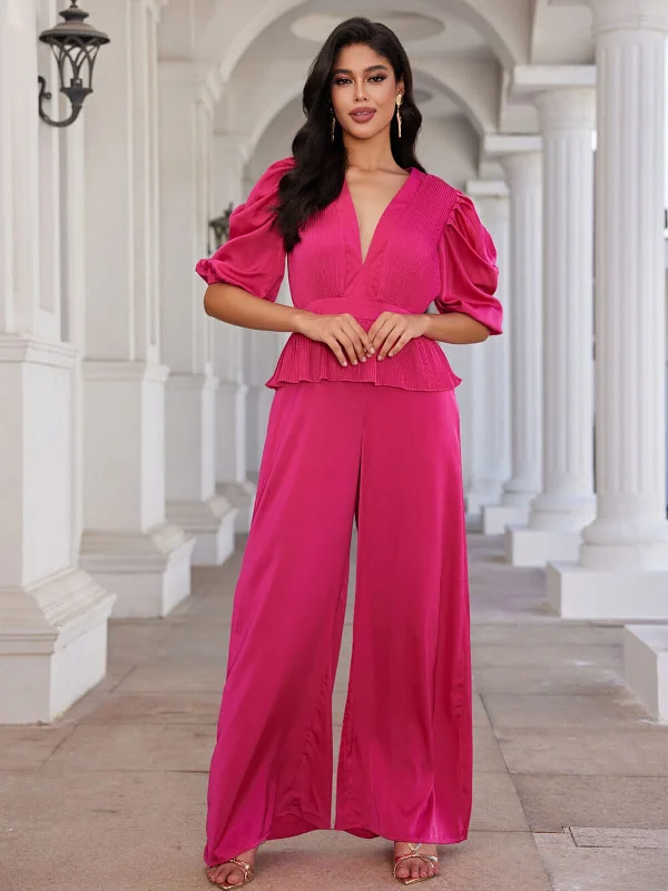 WOMEN'S SHORT PUFF SLEEVES V-NECK WIDE LEG JUMPSUIT Chic & Cozy Apparel