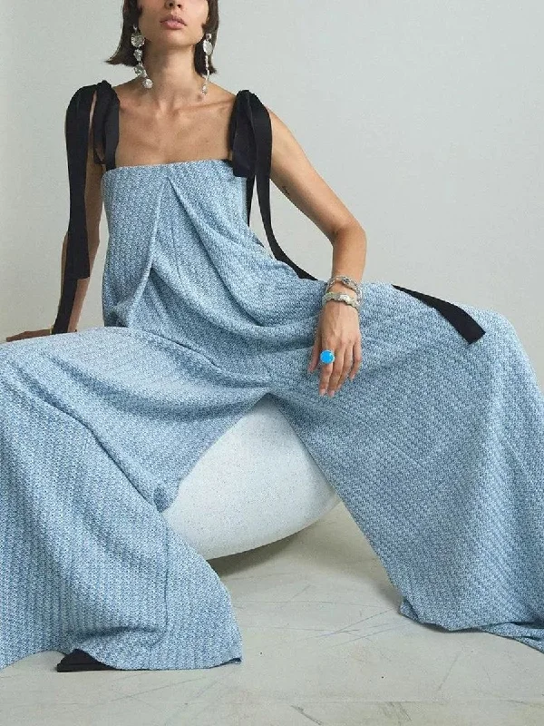 Women's Fashion Blue Knitted Tied Wide Loose Jumpsuit You'Ll Love Us Because