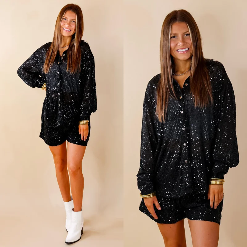 Little Miss Perfect Sequin Button Up Top in Black Redefining Women's Fashion