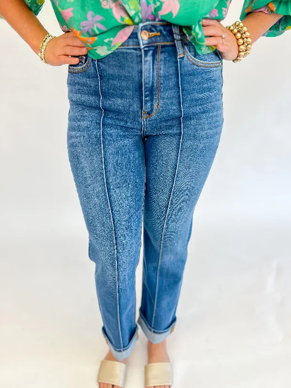 [Judy Blue] High Waist Front Seam Cuffed Straight Denim High End Women's Wear