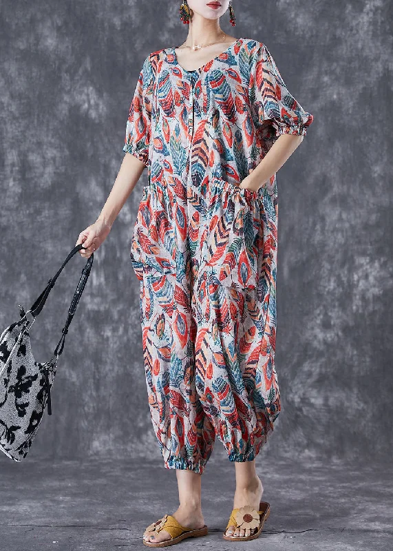 Fashion Red Feather Print Pockets Linen Jumpsuit Summer Classic Timeless Elegant Style