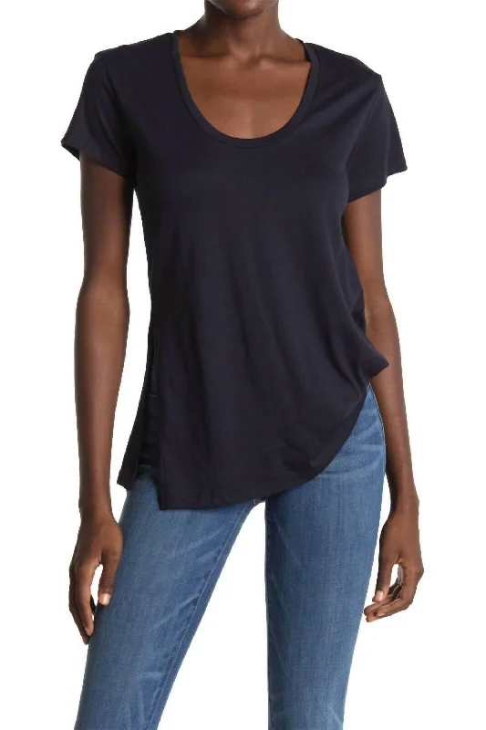 Asymmetrical Hem Tencel Tuck Cotton Shirt In Navy Blue Trend Alert