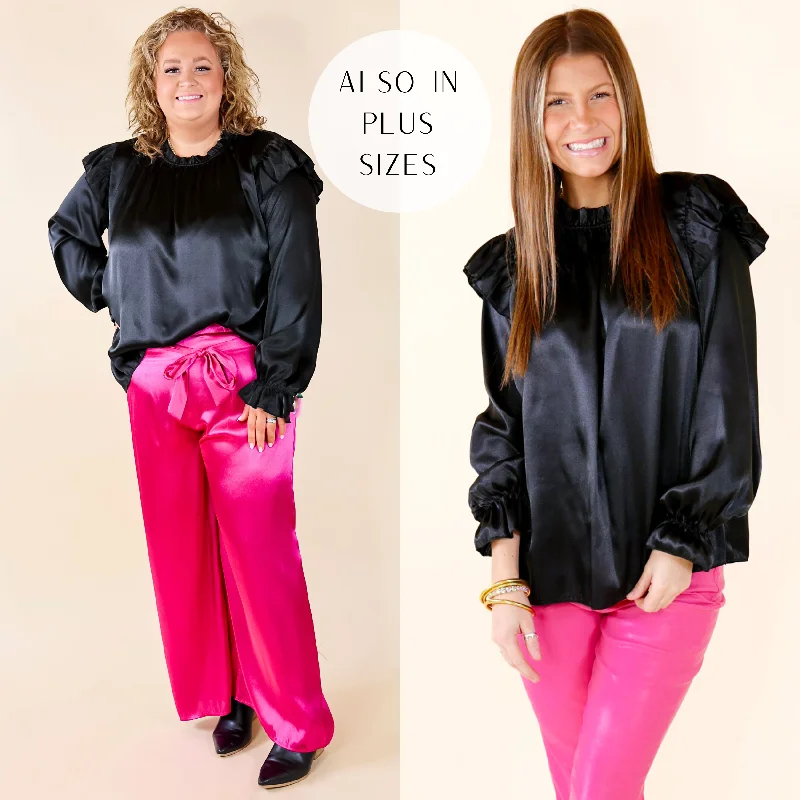 Can't Stop Me Ruffle Mock Neck Long Sleeve Satin Top in Black Fashion Forward Style