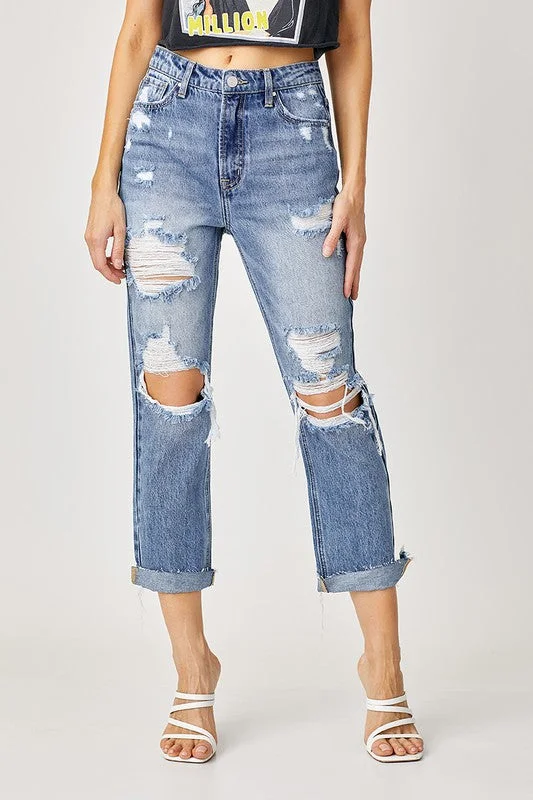 Distressed Straight Leg Jeans Classic Charm