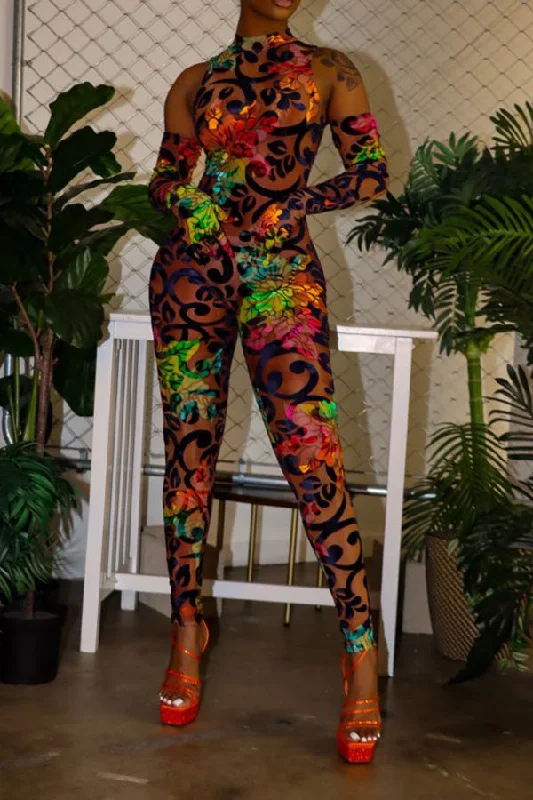 Flower Print Retro Bodycon Jumpsuit (With Gloves) Fashion Sale