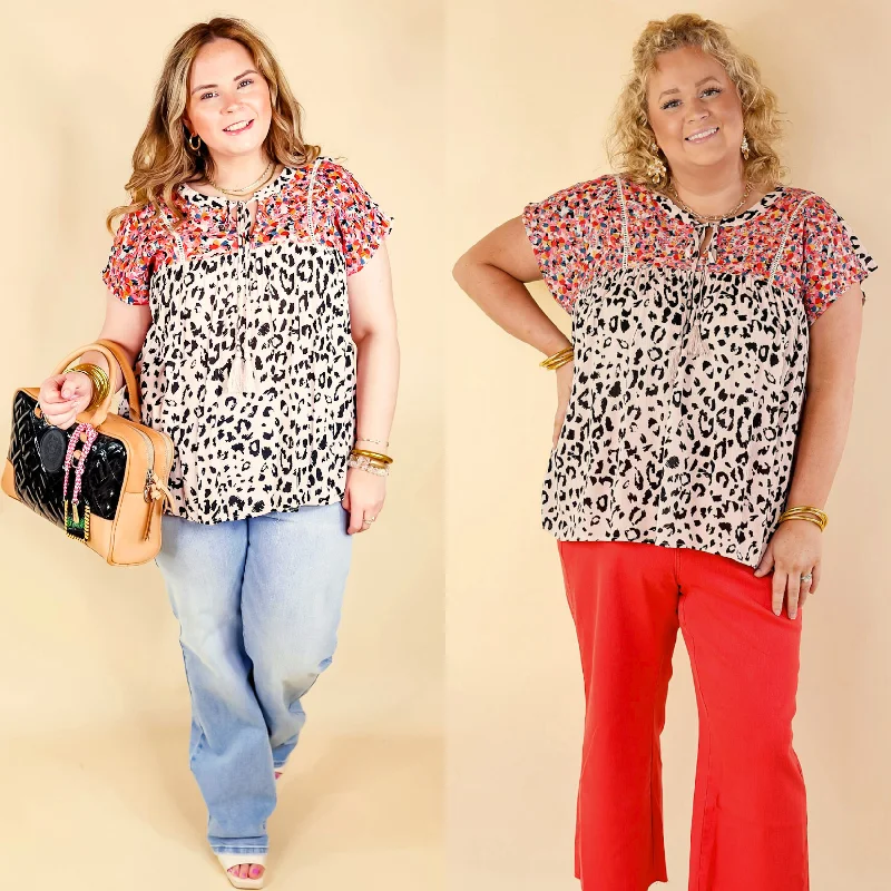 Fredericksburg In the Spring Leopard Print Embroidered Top with Front Keyhole in Blush Pink Celebrate With Big Savings