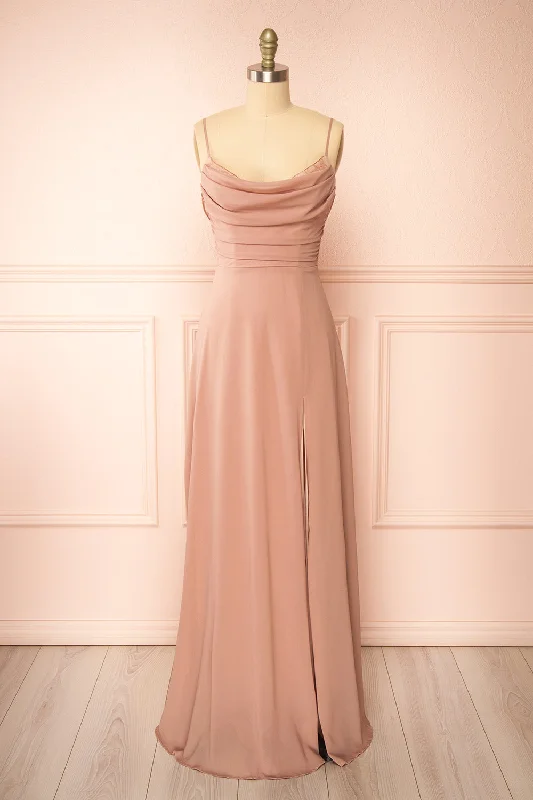 Kieran Taupe | A-Line Maxi Dress w/ Lace Polished Finish