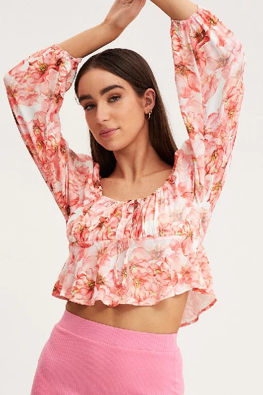 Print Tie Front Top Long Sleeve Crop Style Upgrade