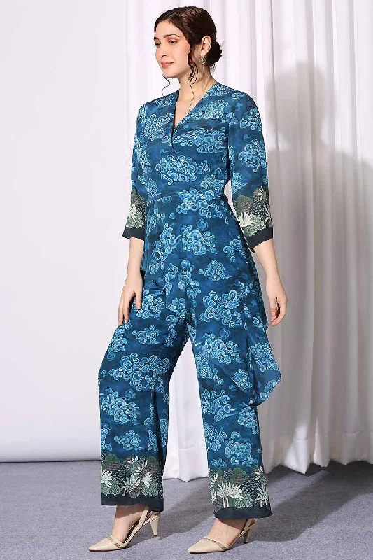 Blue Printed Asymmetric Drape Jumpsuit Hot Brand Discounts