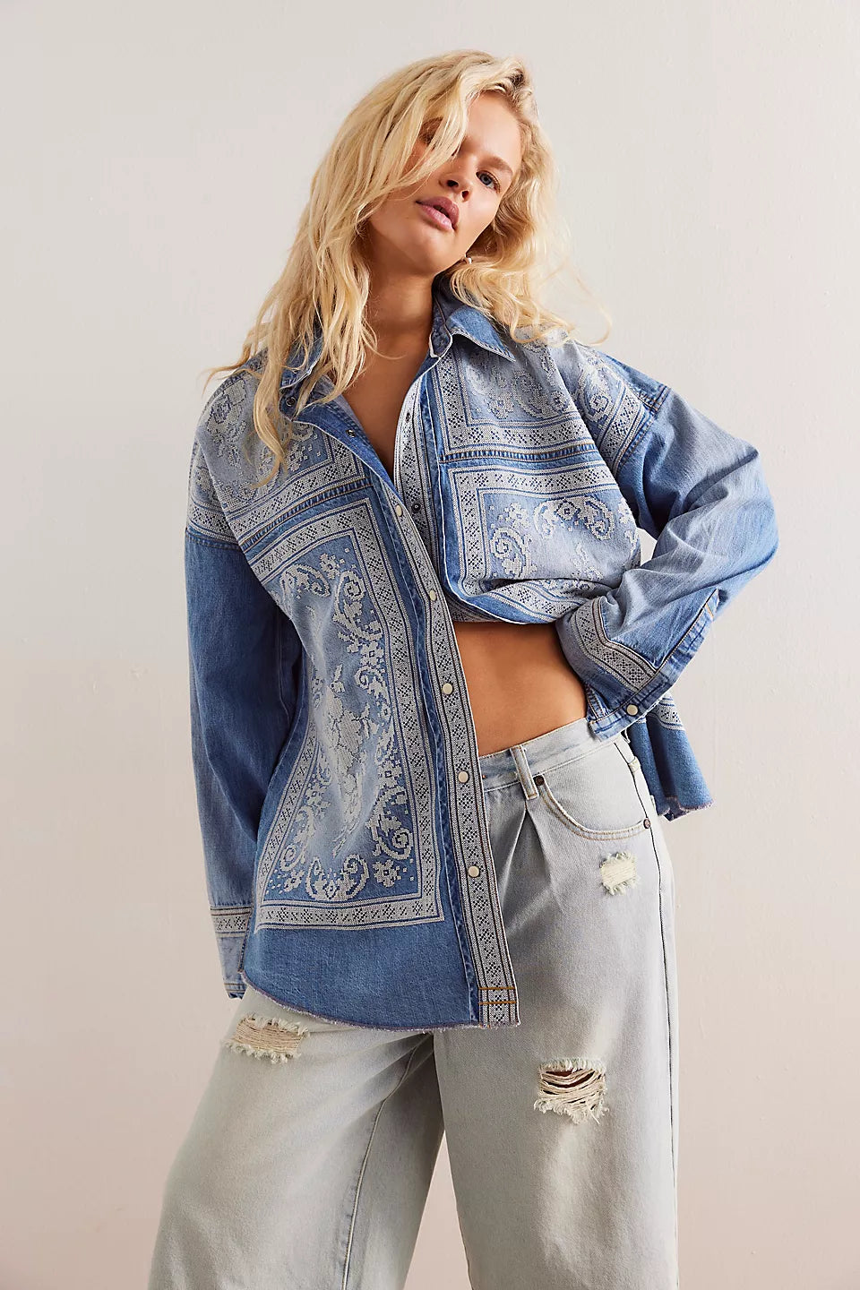 Free People We The Free Lace Embroidered Denim Shirt - MED RANCHER WASH Urban Femme Streetwear