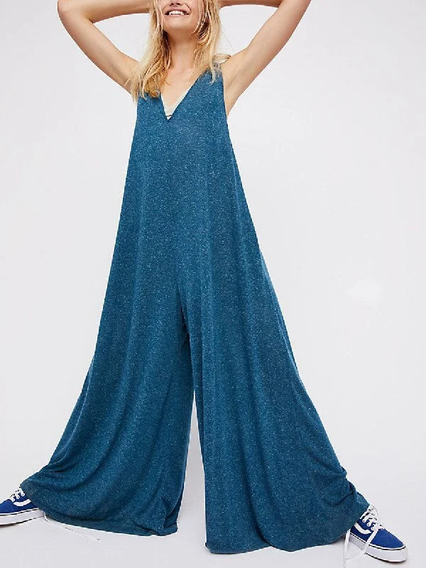 Women's Fashion Blue V-Neck Loose Jumpsuit Fashion Forward Outfits