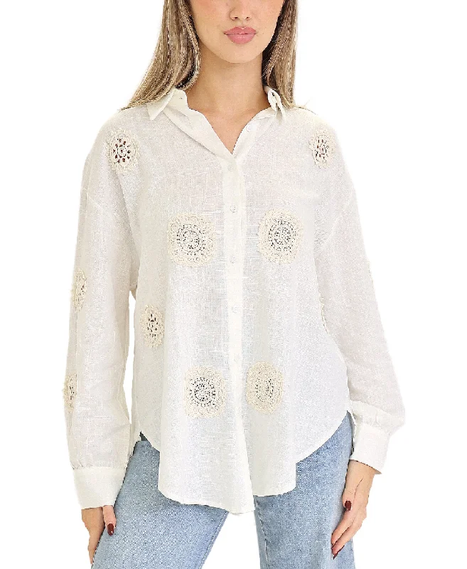 Linen Shirt w/ Crochet Circles Trendy Attire For Her