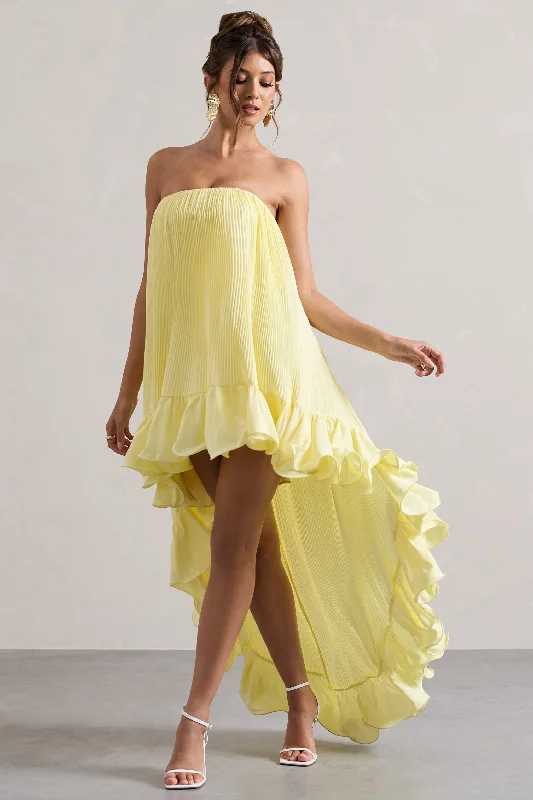 Whistler | Lemon Chiffon Bandeau High-Low Ruffled Maxi Dress Comfortable Chic