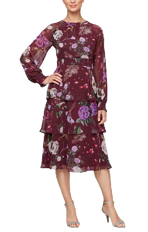 Midi Printed Chiffon Dress with Illusion Cuffed Sleeves & Tiered Skirt Stylish Statements