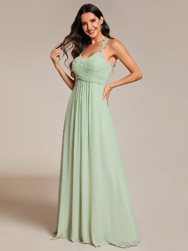 Floral Halter Neck Pleated Backless Bridesmaid Dress in Chiffon Summer Deals