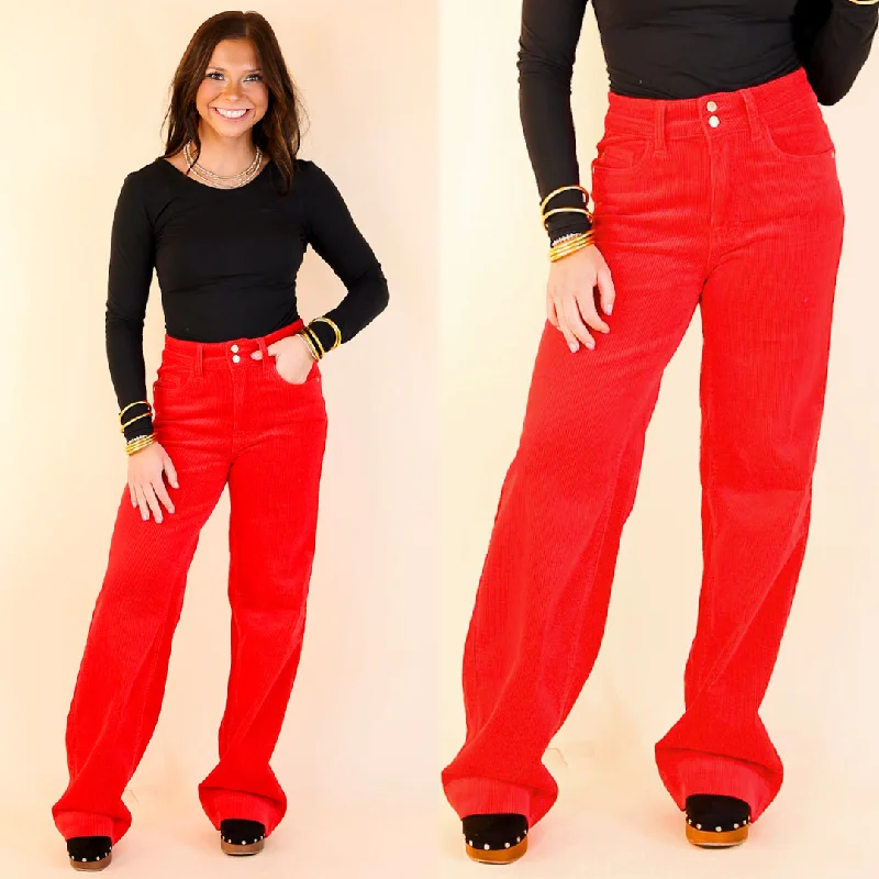 Judy Blue | Strut in Style High Waisted Wide Leg Corduroy Trouser in Ruby Red Limited Time Deal