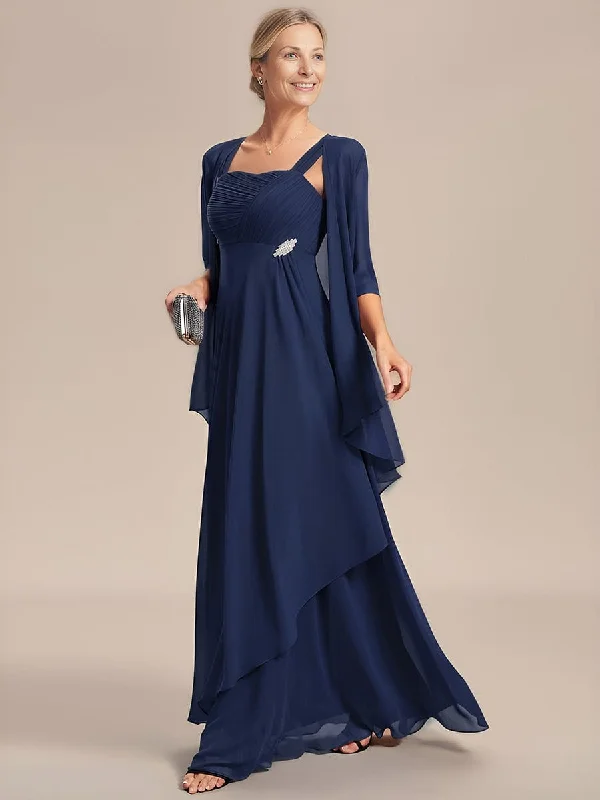 Two-Piece Square Neck Chiffon A-Line Mother of the Bride Dress Feminine Elegant