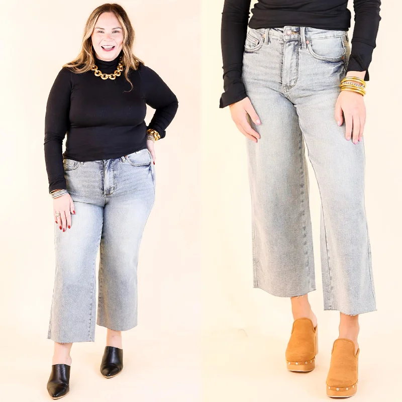 Judy Blue | Casual Confidence Mid Rise Tummy Control Cropped Wide Leg Jean with Raw Hem in Light Wash Cutting Edge Fashion