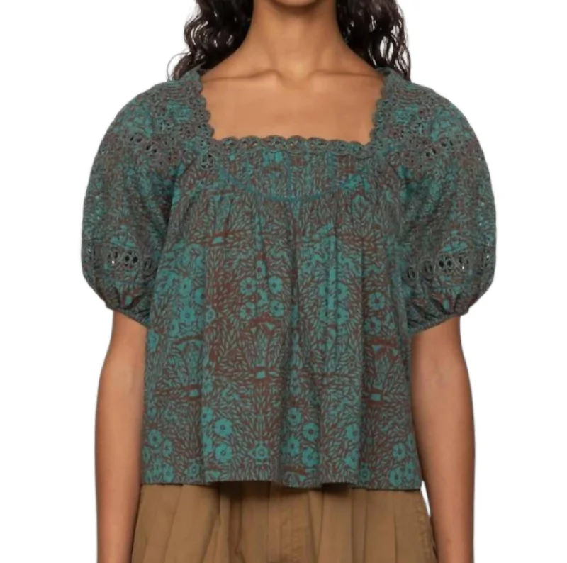 Katrine Print Puff Sleeve Top In Teal Massive Selection Sale