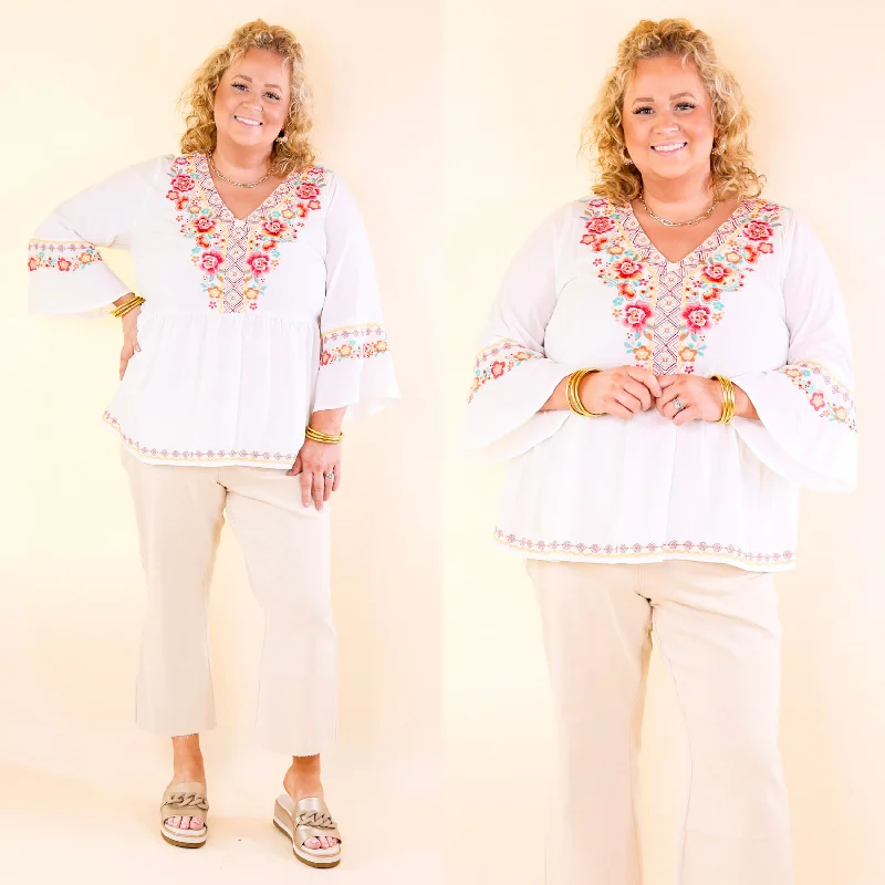 Joyous Moments 3/4 Bell Sleeve Embroidered Babydoll Top in White Early Access To Art Deco Styles Sale